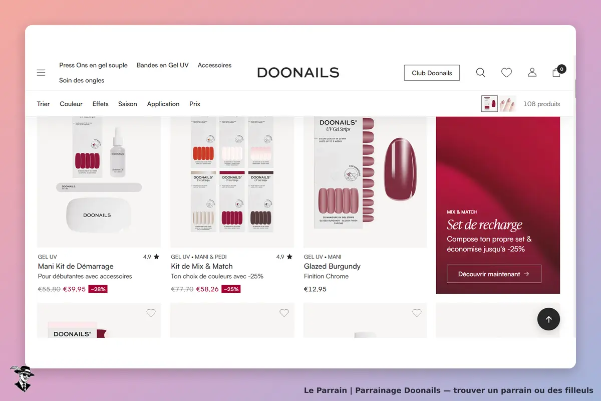 Doonails : page d'accueil avec produits de manucure et options de personnalisation affichées