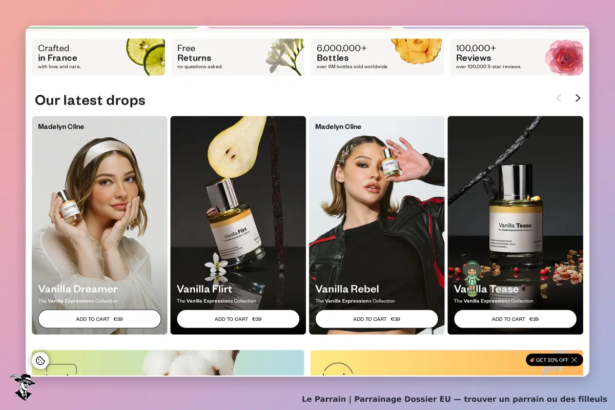Dossier EU : page d'accueil présentant des parfums avec images et titres des produits