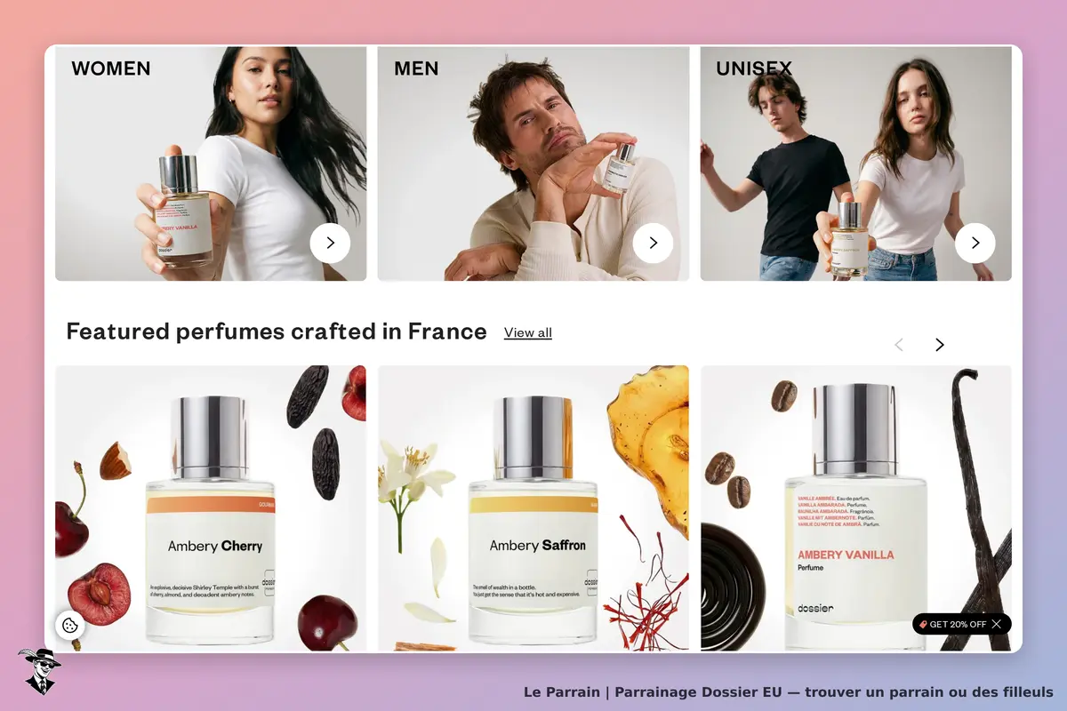Dossier EU : page d'accueil présentant des parfums pour hommes, femmes et unisexe