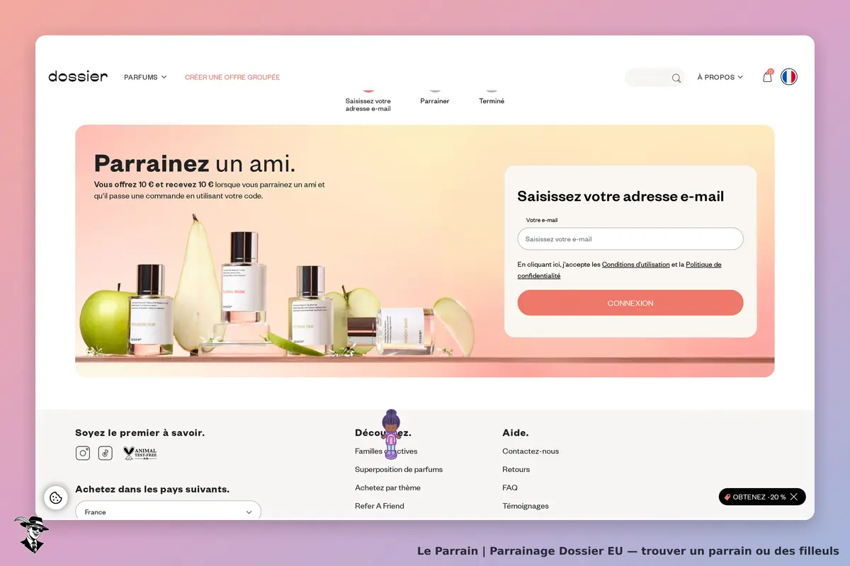 Dossier EU : dossier : page d'accueil avec des parfums, formulaire d'inscription et options de