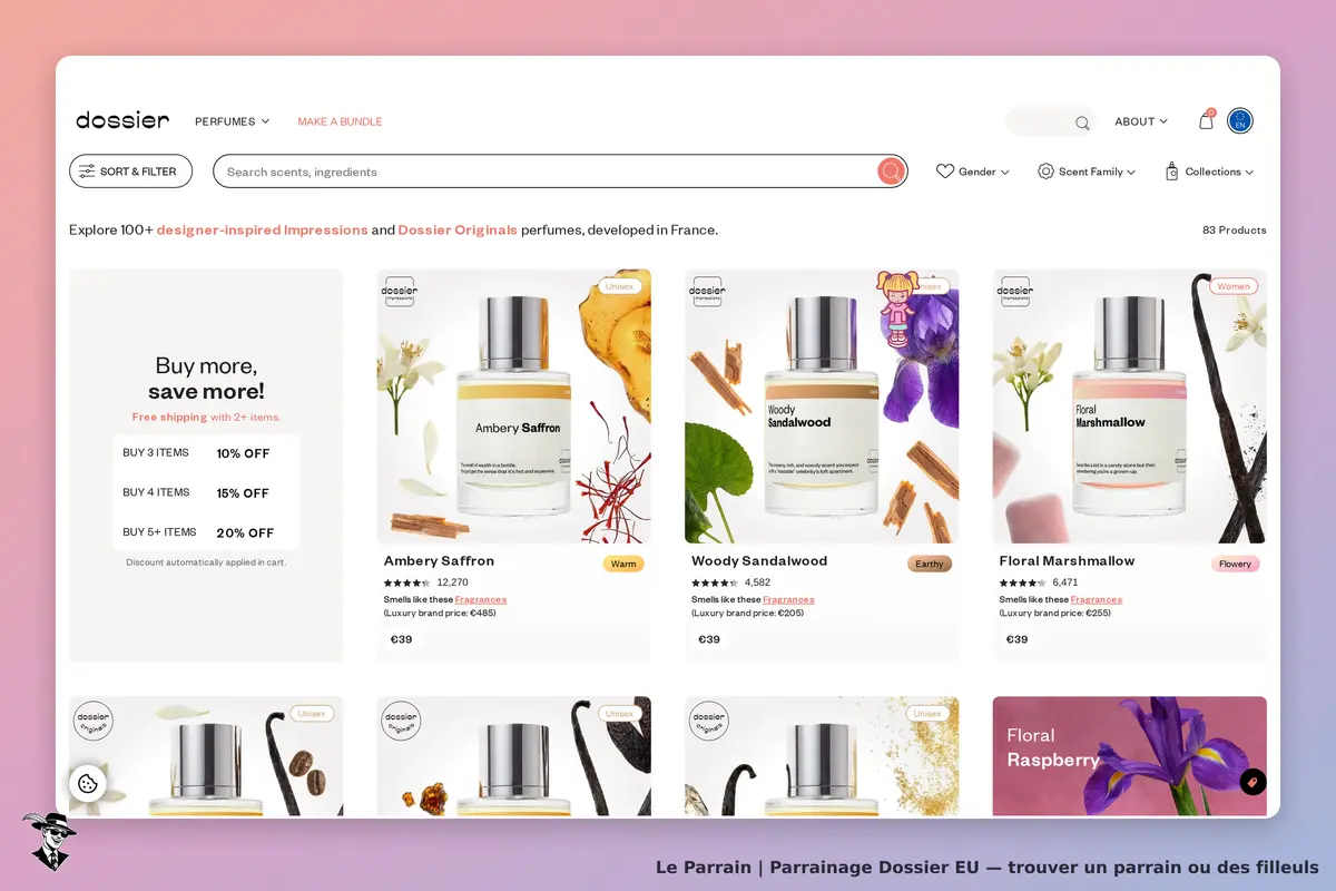Dossier EU : dossier : page d'accueil présentant des parfums avec options de tri et filtre, et