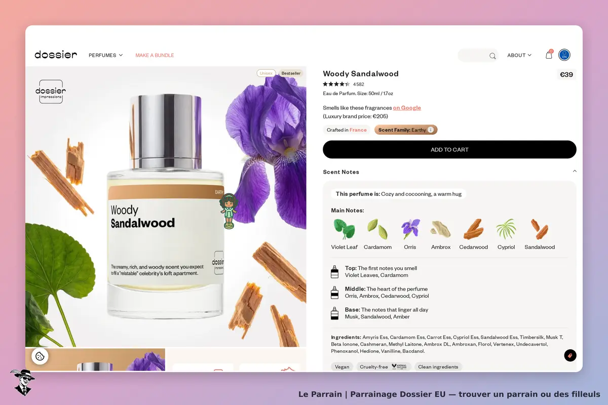 Dossier EU : dossier : flacon de parfum Woody Sandalwood avec notes et ingrédients affichés