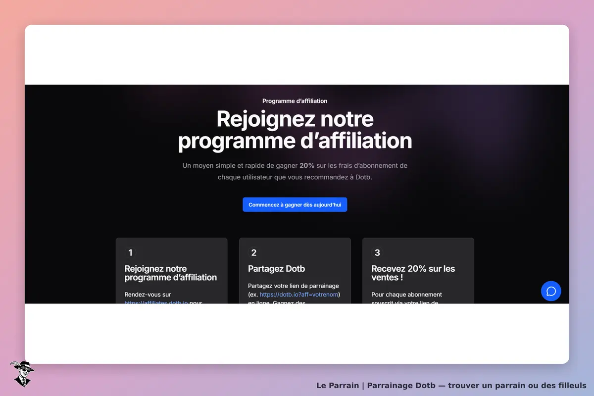 Dotb : page d'accueil présentant le programme d'affiliation avec étapes et bouton d'inscription
