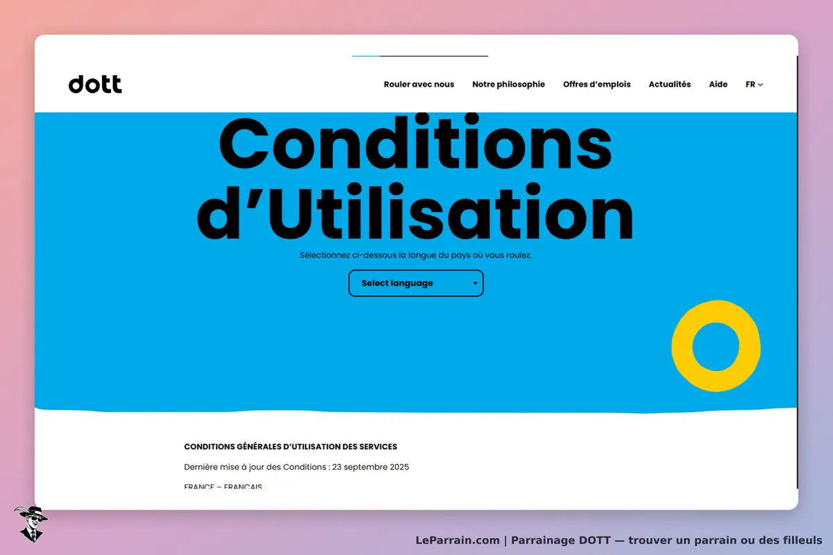 DOTT : page des conditions d'utilisation avec un fond bleu et un bouton de sélection de langue