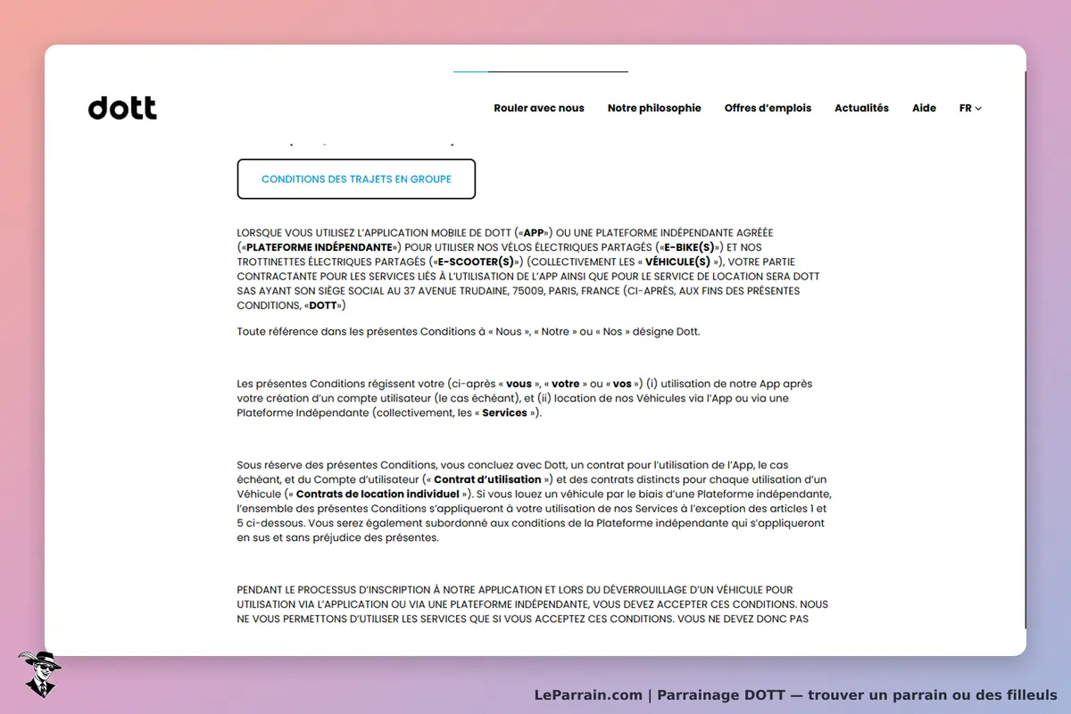 dott : texte des conditions d'utilisation de l'application mobile DOTT affiché à l'écran