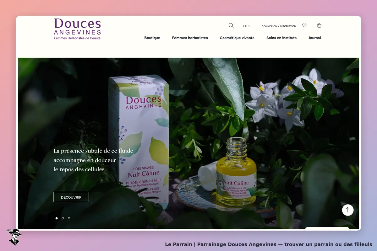 Douces Angevines : page d'accueil avec un flacon de sérum et des fleurs blanches en arrière-plan