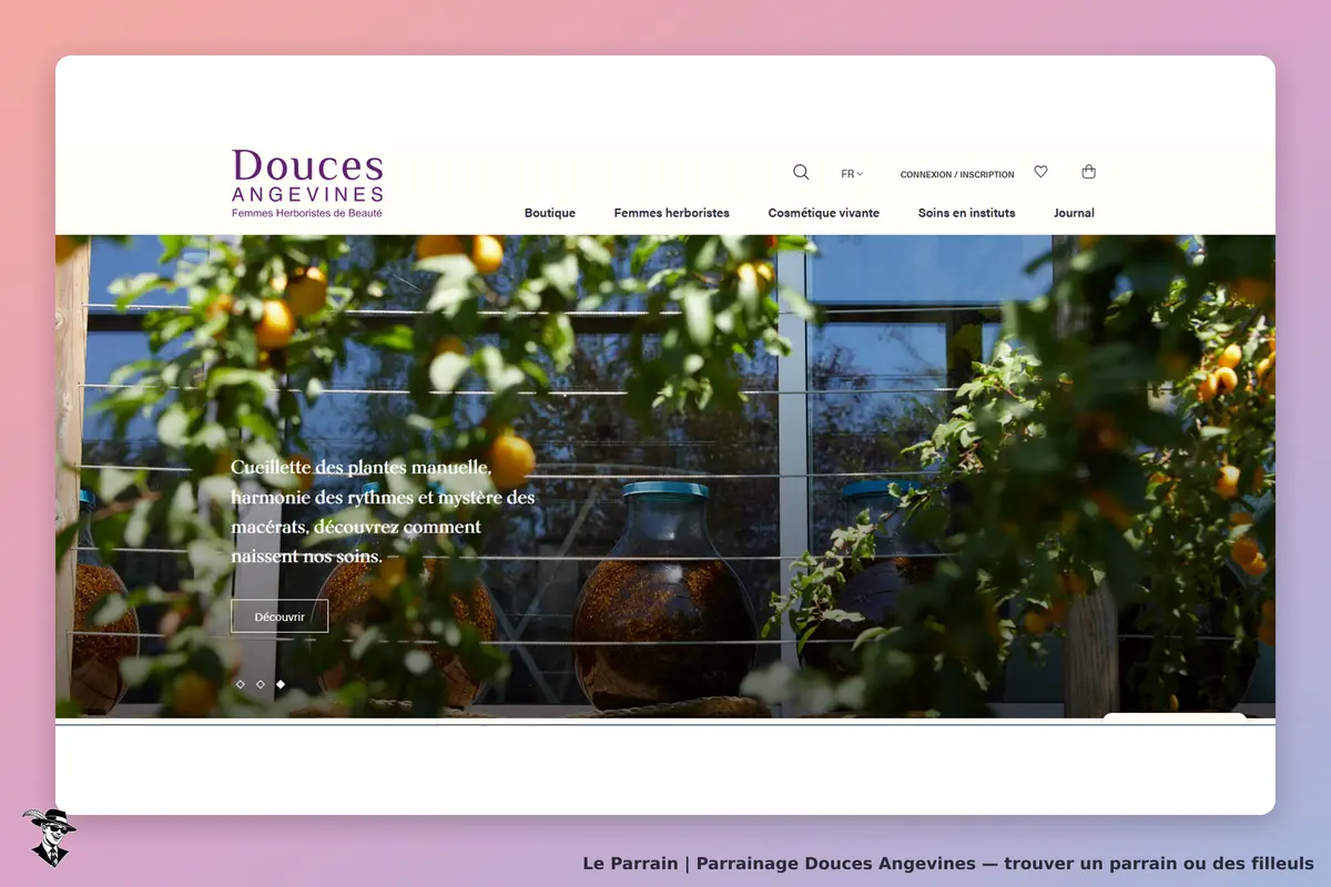 Douces Angevines : page d'accueil avec plantes, pots et texte sur la cueillette manuelle