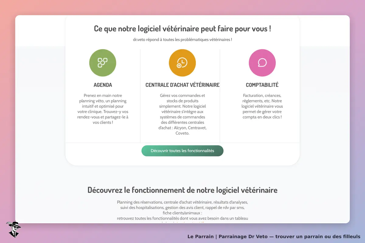 Dr Veto : présentation des fonctionnalités du logiciel vétérinaire avec trois icônes explicatives