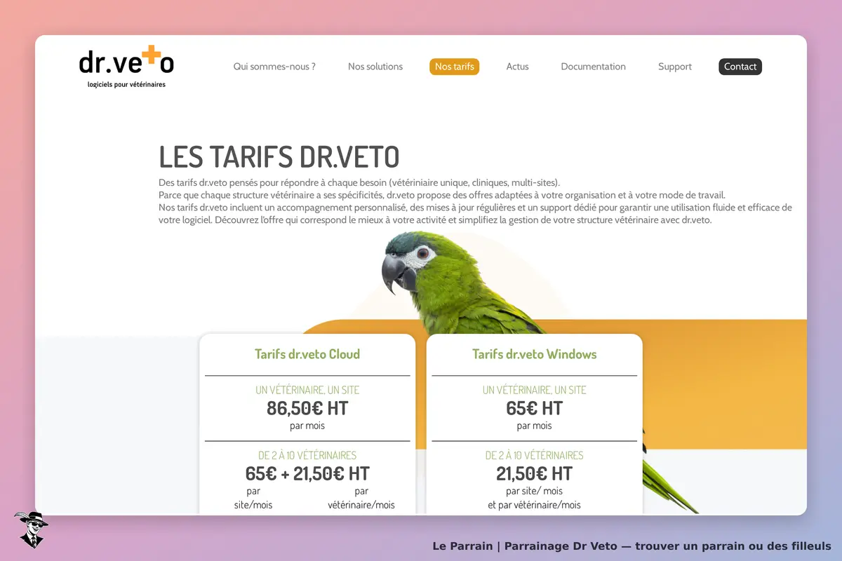 Dr Veto : dr.veto : page présentant les tarifs des logiciels pour vétérinaires avec un perroquet à
