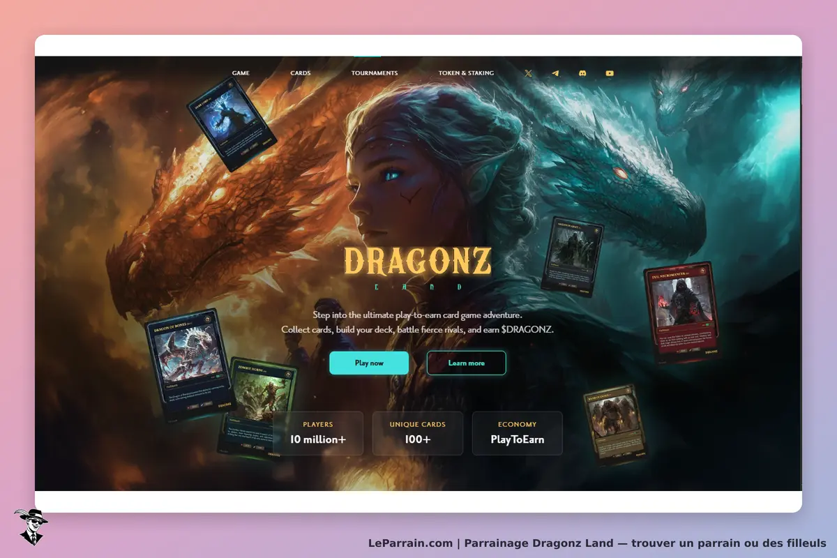 Dragonz Land : page d'accueil avec dragons, cartes et boutons de jeu, texte d'introduction