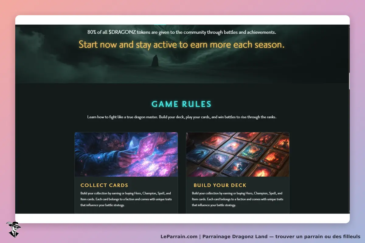 Dragonz Land : page d'accueil avec règles du jeu et sections sur la collecte de cartes et création