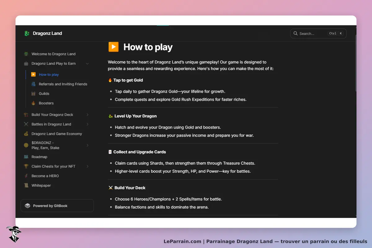 Dragonz Land : menu de navigation avec sections sur le jeu et conseils pour progresser