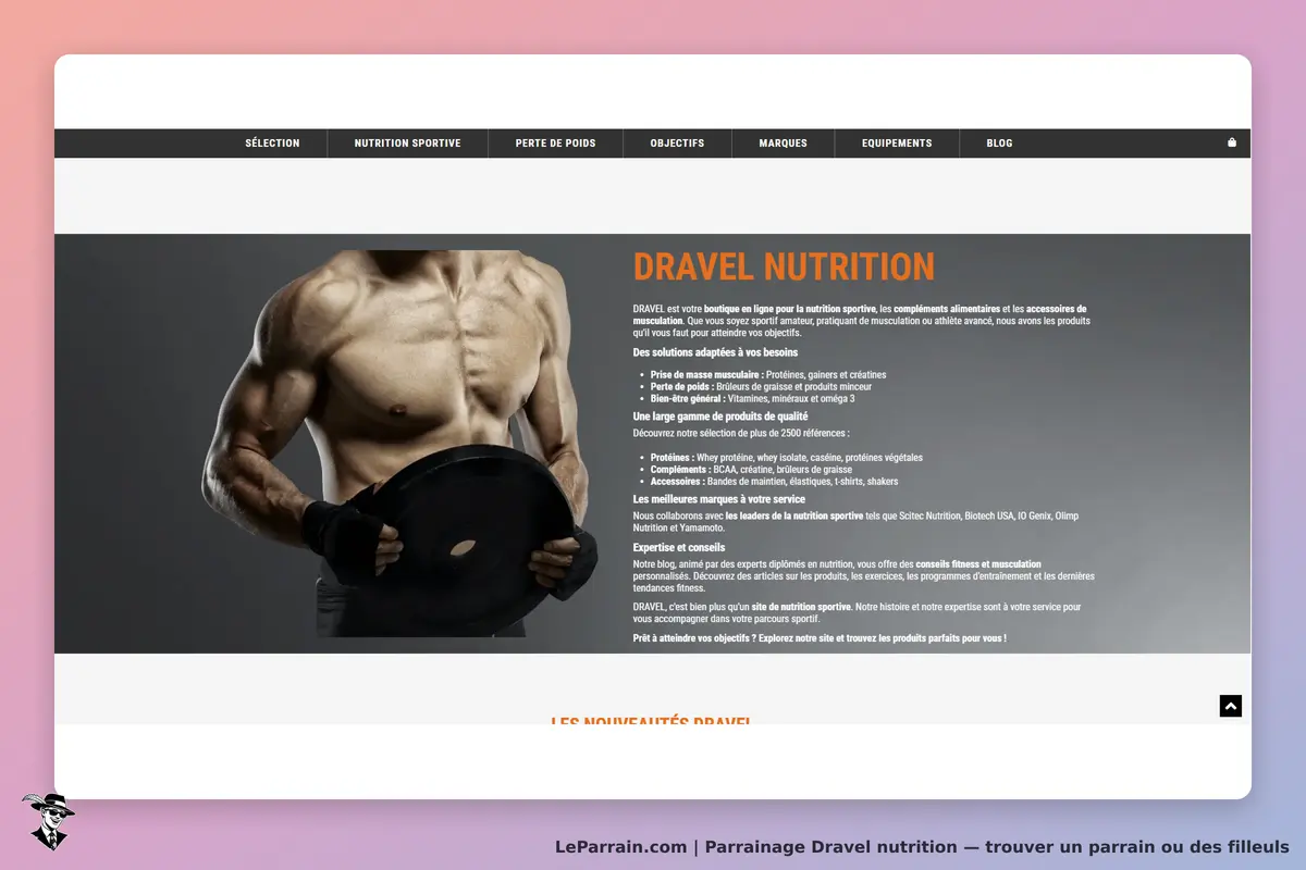 Dravel Nutrition : page d'accueil présentant des produits de nutrition sportive et un athlète