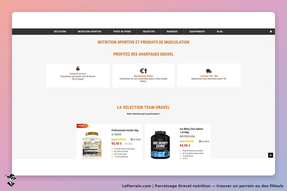 Dravel nutrition : page d'accueil présentant des produits de nutrition sportive et avantages