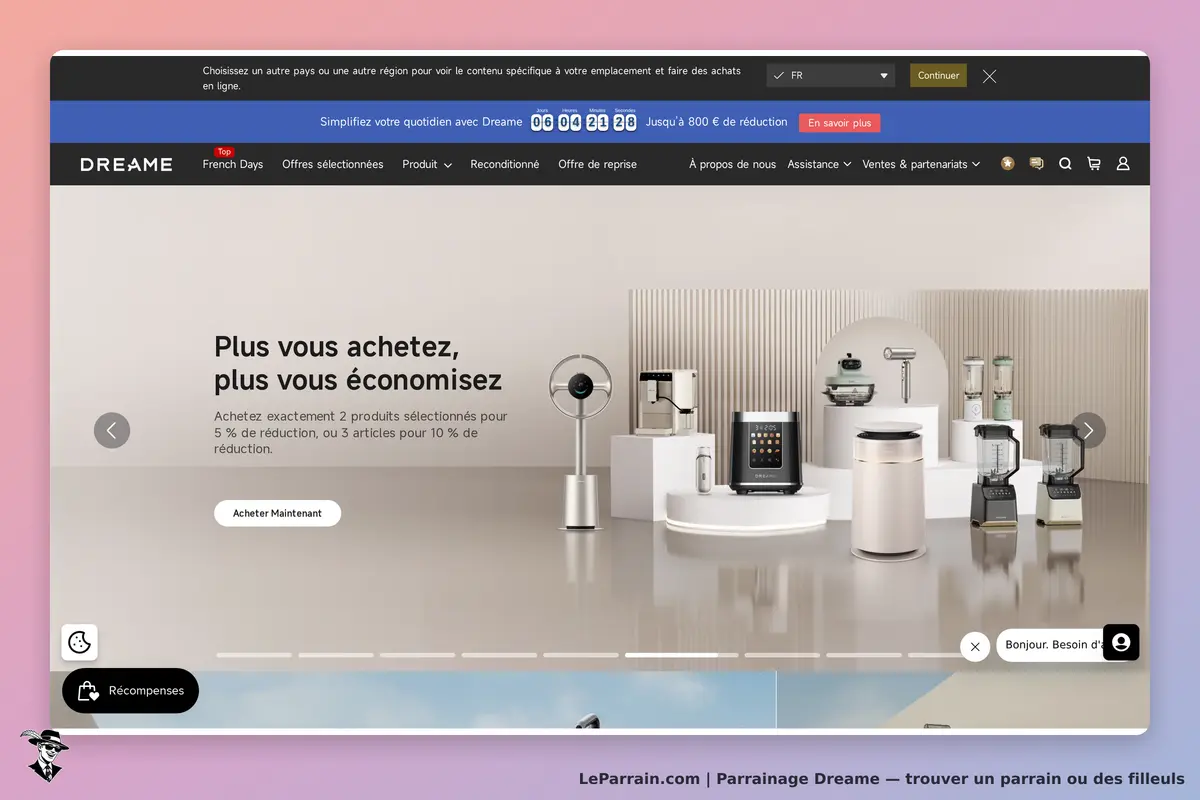 DREAME : page d'accueil avec divers appareils électroménagers sur un fond clair et textuel