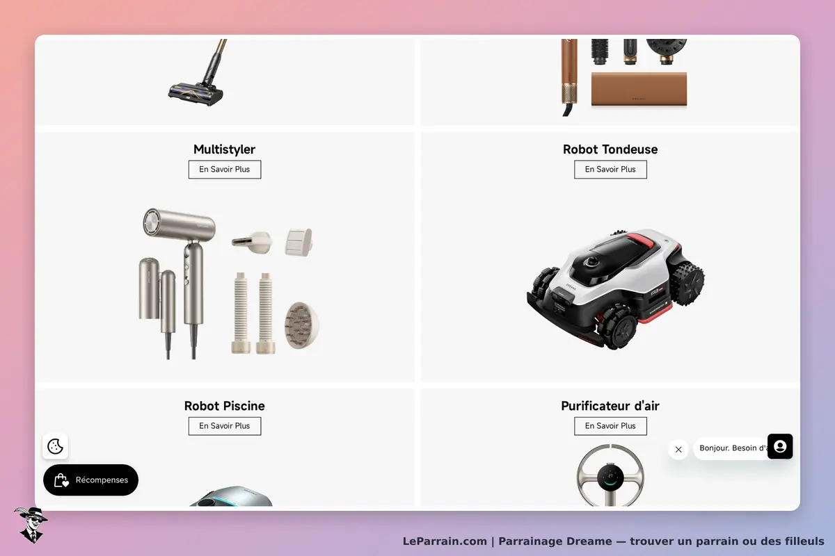 Dreame : page d'accueil avec divers produits comme un multistyler et un robot tondeuse