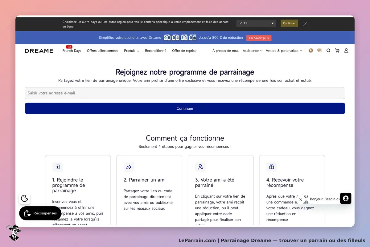 DREAME : page d'accueil du programme de parrainage avec étapes explicatives et formulaire