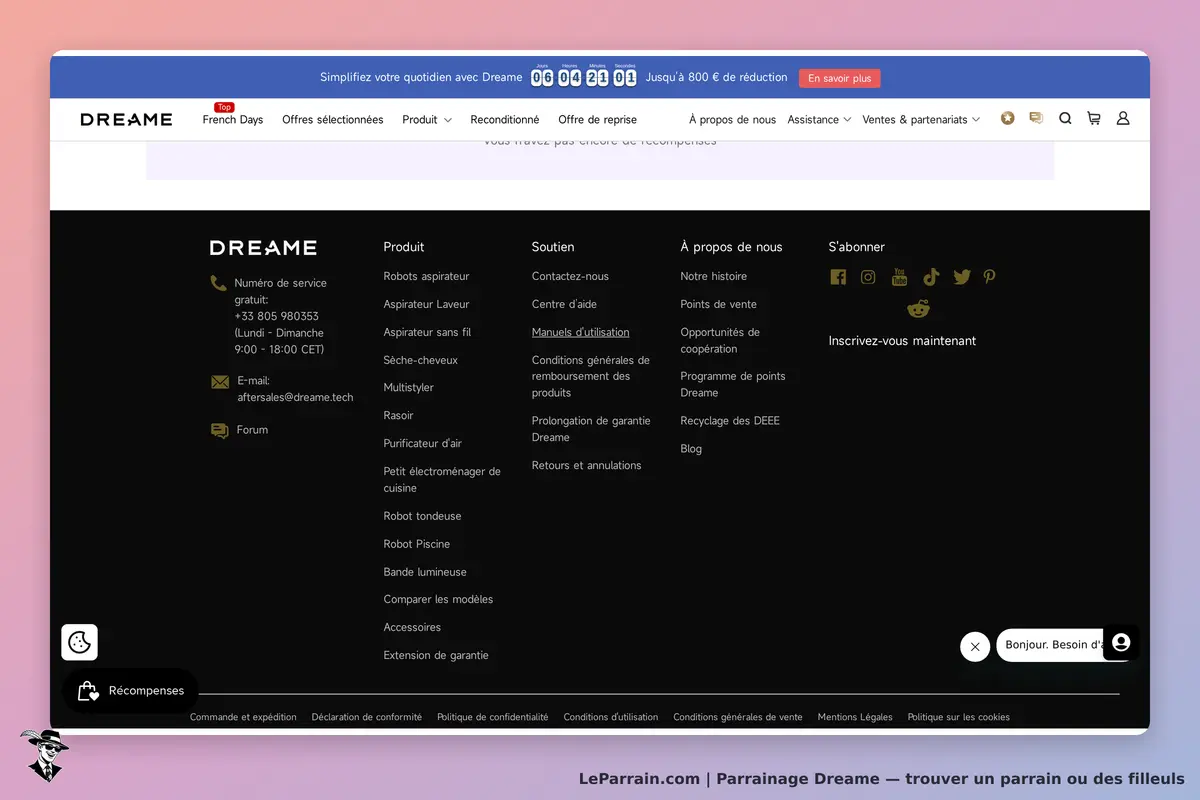 DREAME : menu de navigation avec produits, soutien et informations sur la marque