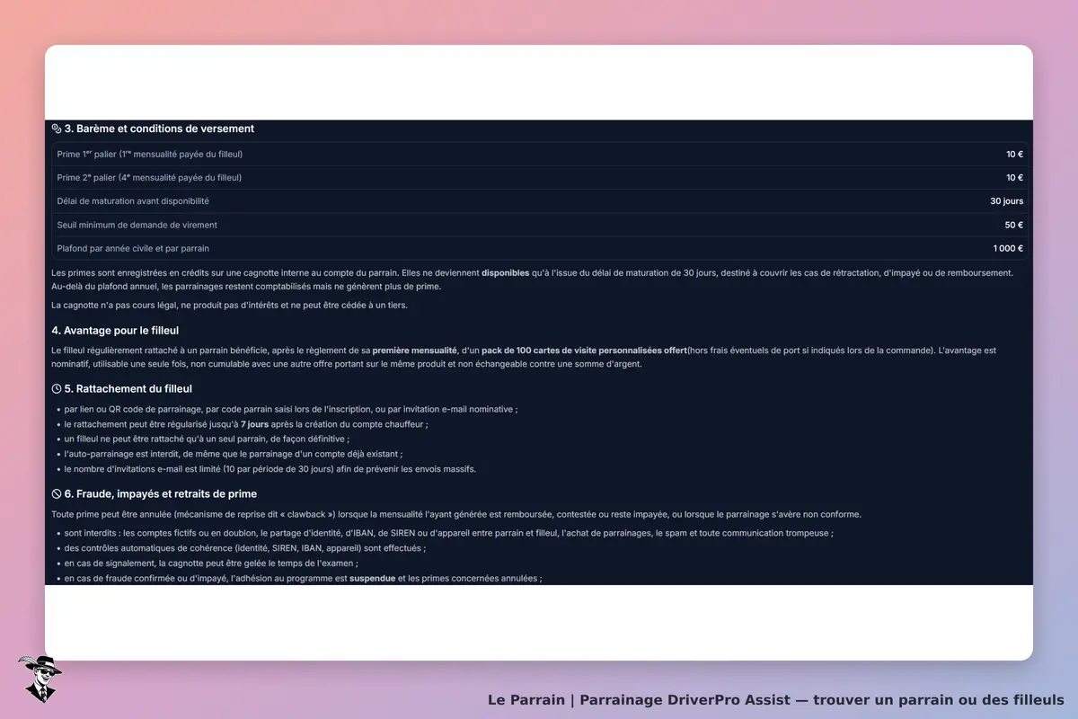 DriverPro Assist : barème et conditions de versement, avantages pour le filleul et fraude