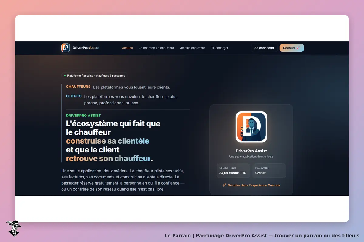 DriverPro Assist : page d'accueil présentant les services pour chauffeurs et passagers