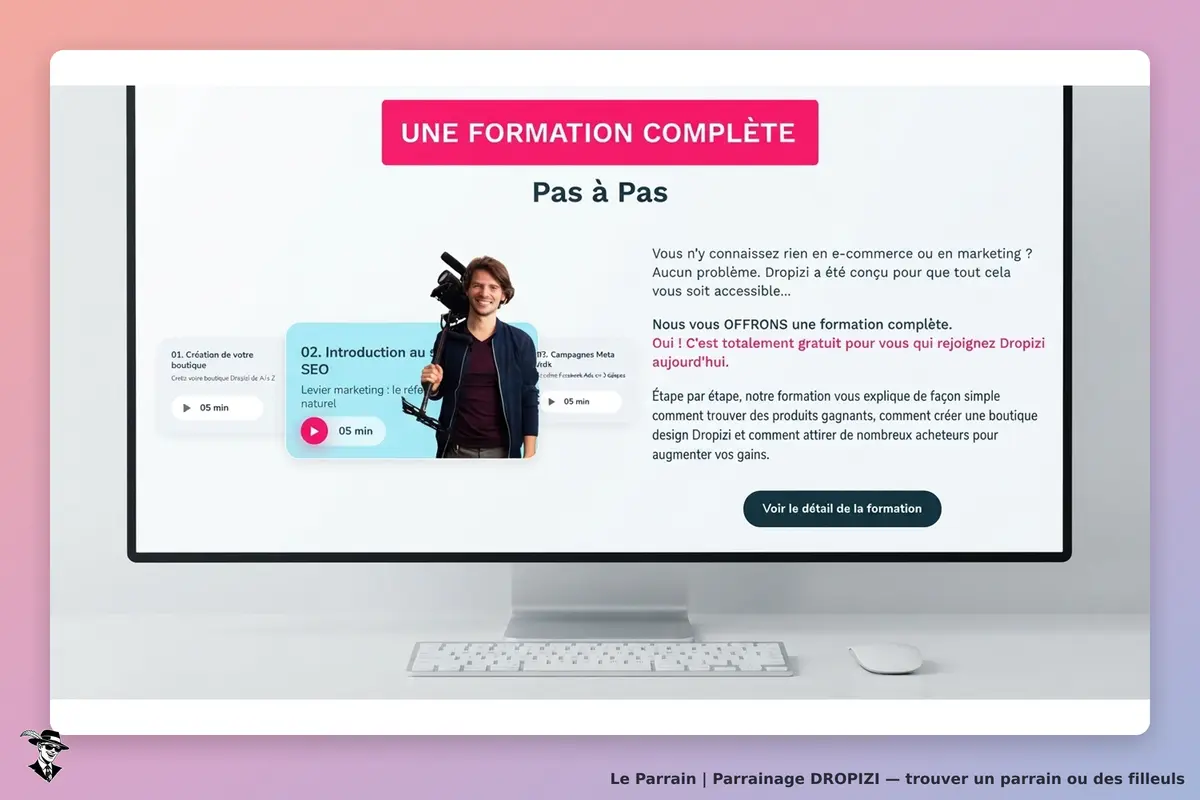 DROPIZI : écran présentant une formation complète avec un homme tenant une caméra et des étapes