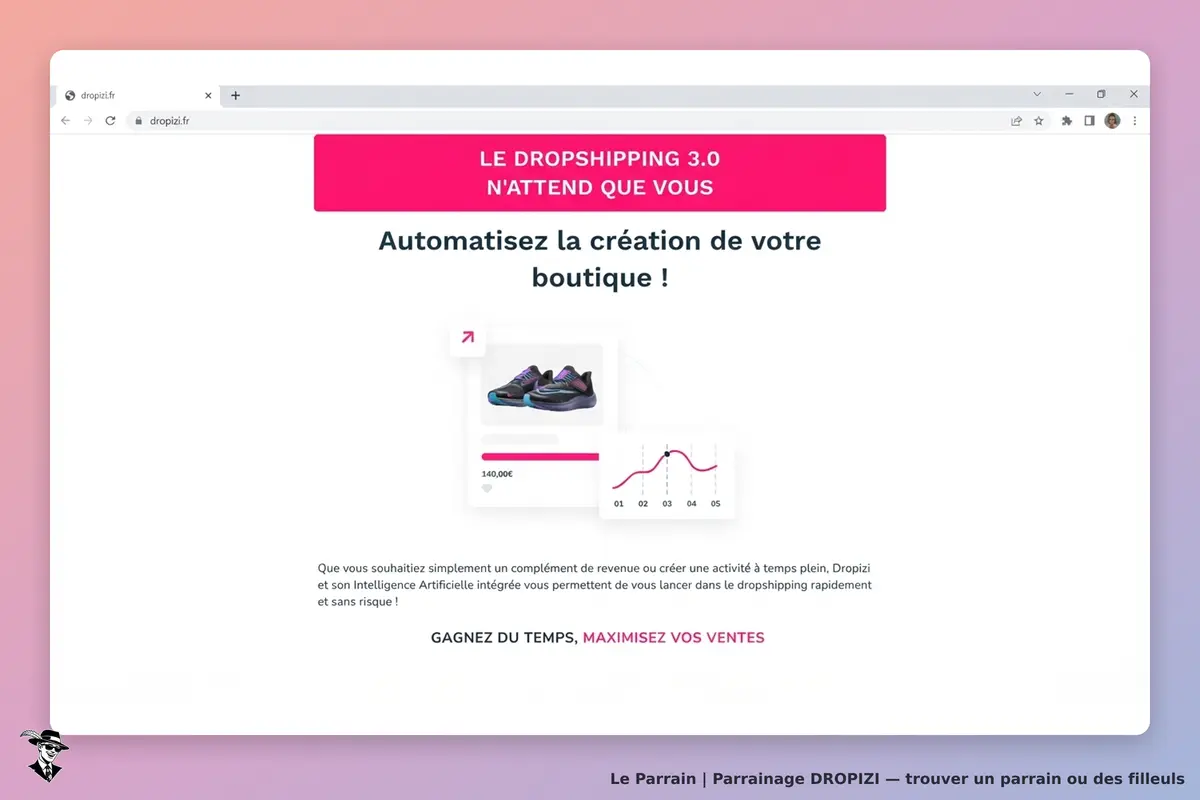 DROPIZI : page d'accueil présentant un produit de dropshipping et un graphique d'analyse
