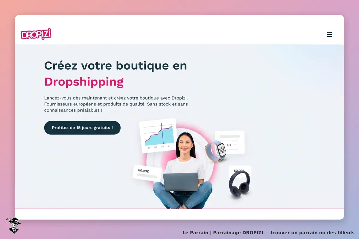 DROPIZI : page d'accueil présentant une femme avec un ordinateur et des produits en dropshipping