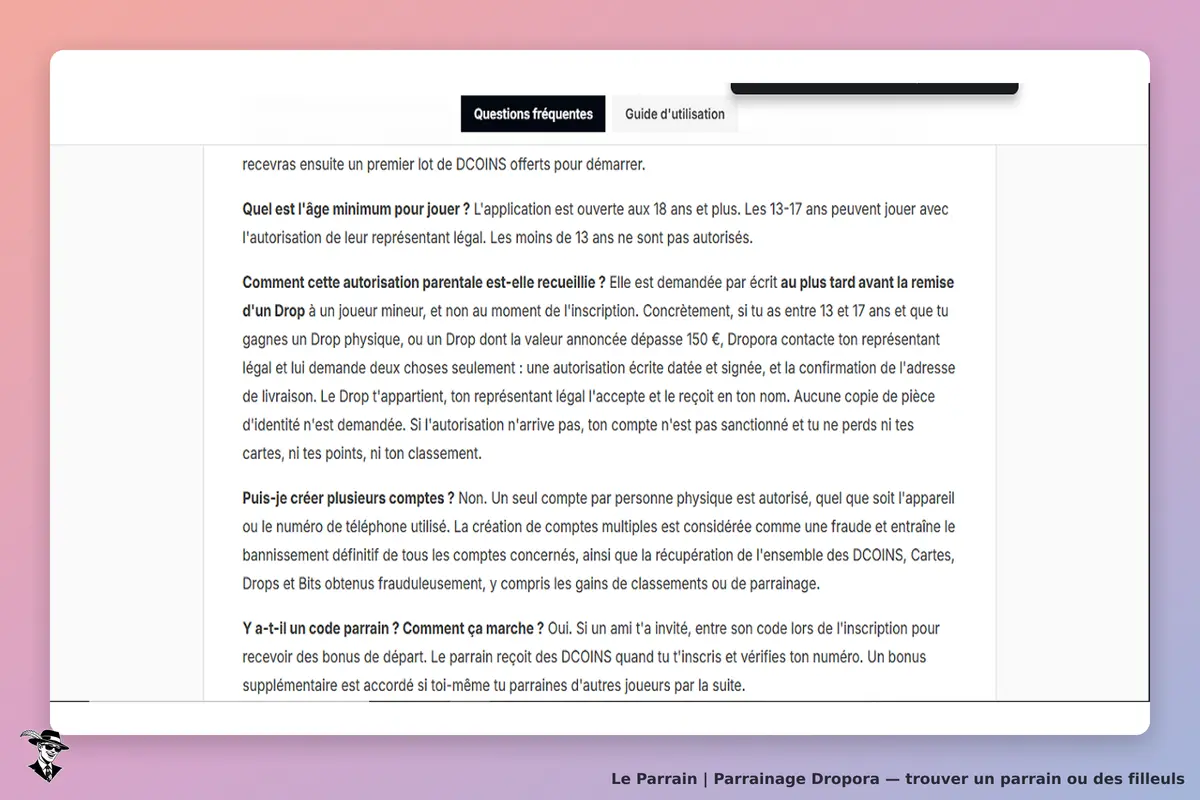 Dropora : section FAQ avec plusieurs questions sur l'inscription et les règles de participation