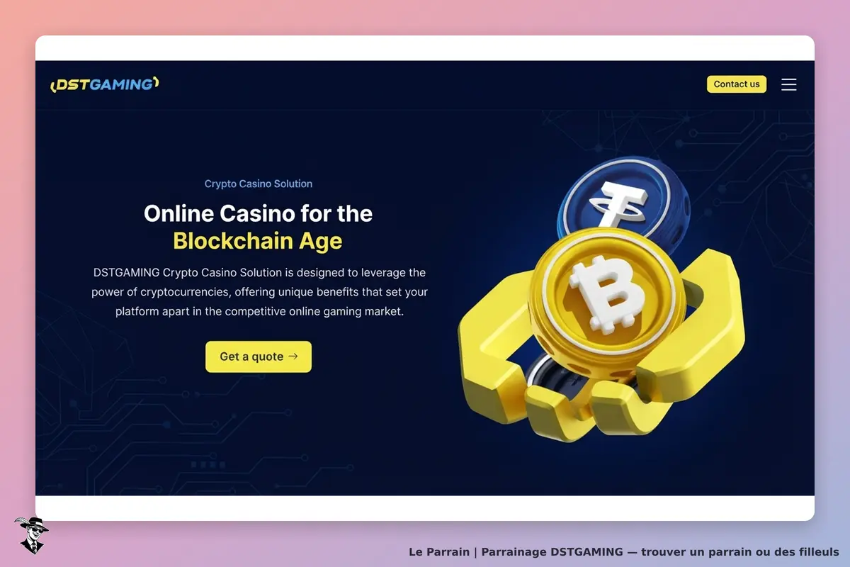 DSTGAMING : page d'accueil présentant un casino en ligne avec des symboles de cryptomonnaies