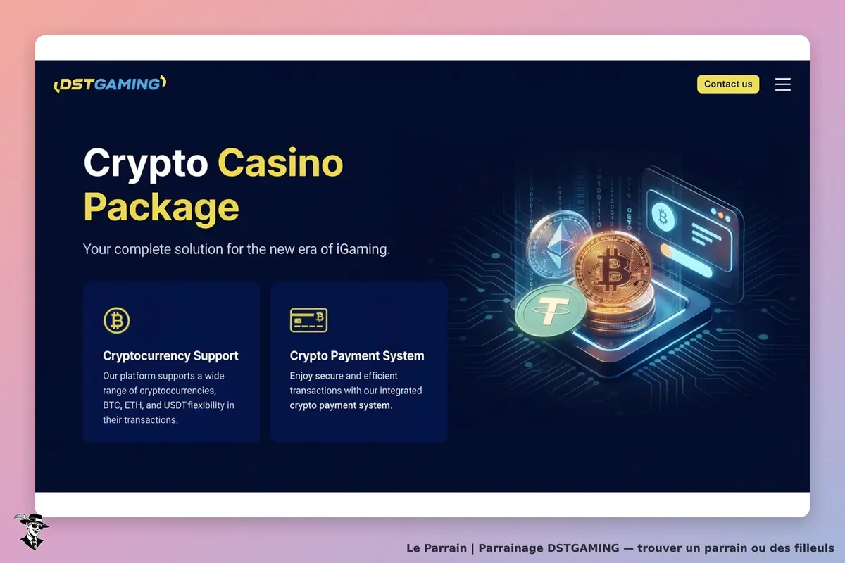 DSTGAMING : page d'accueil présentant le package Crypto Casino avec des icônes de cryptomonnaies