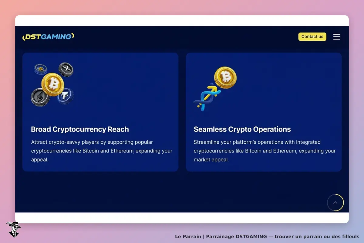DSTGAMING : page d'accueil présentant des sections sur les cryptomonnaies et leurs opérations