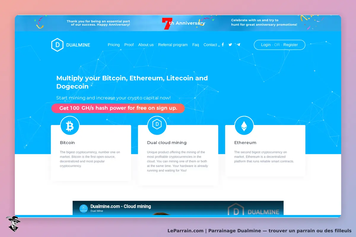 Dualmine : page d'accueil présentant le minage de Bitcoin, Ethereum et Litecoin avec descriptions