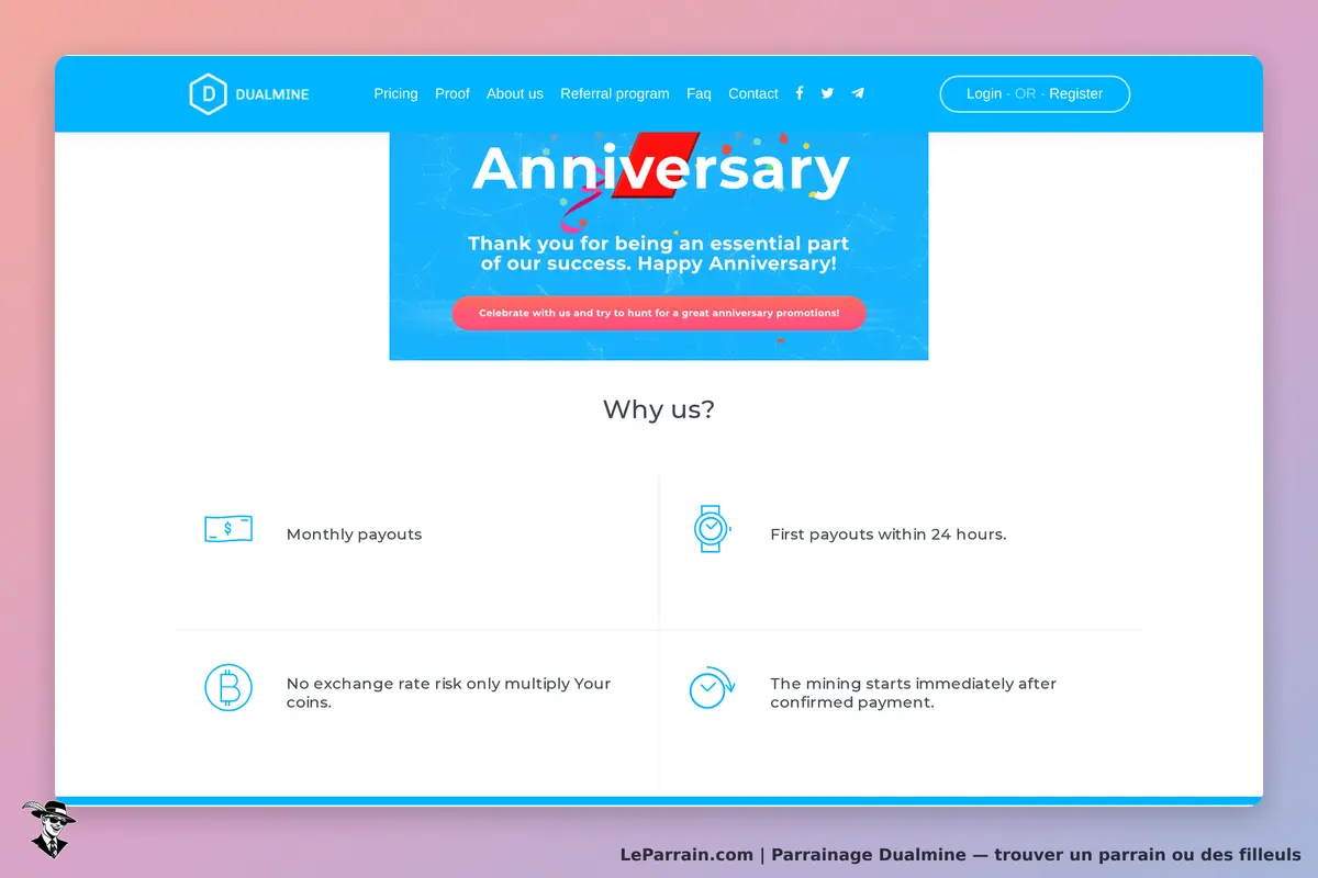 Dualmine : page d'accueil avec un message d'anniversaire et des avantages affichés