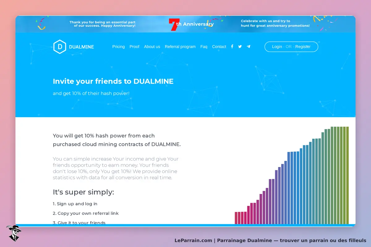 Dualmine : page d'accueil présentant le programme de parrainage et un graphique coloré