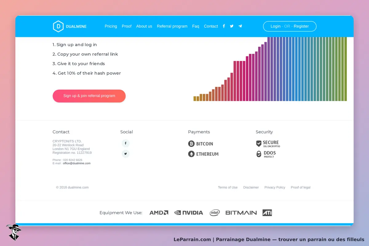 Dualmine : section inférieure de la page avec programme de parrainage et informations de contact