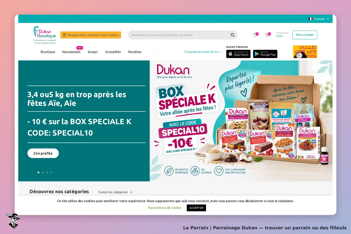 Dukan : page d'accueil avec promotion pour la Box Spéciale K et divers produits affichés