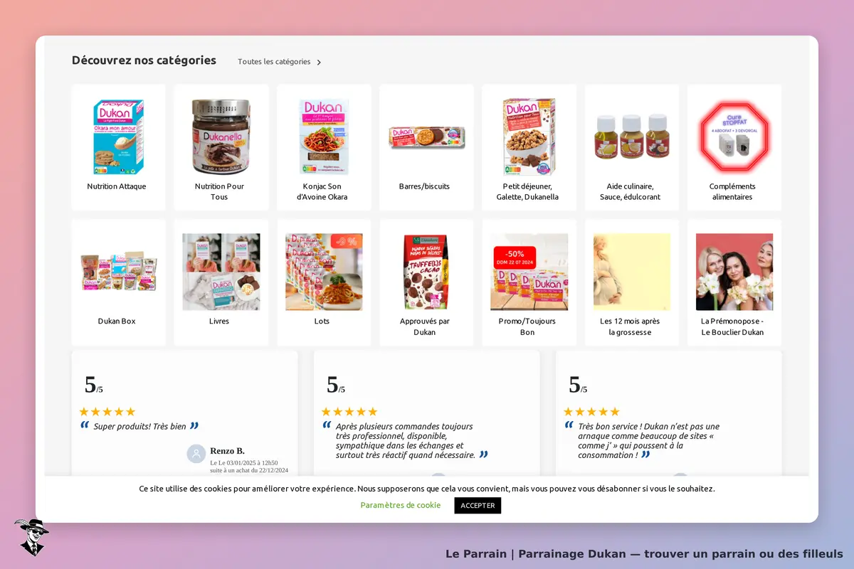 Dukan : page d'accueil avec catégories de produits et avis clients affichés
