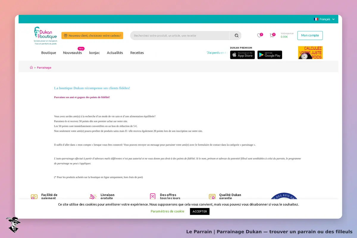 Dukan : page de parrainage avec texte sur la récompense des clients fidèles