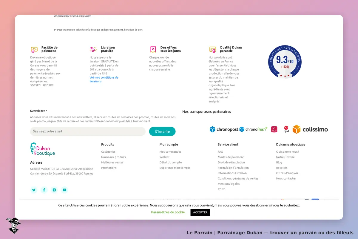 Dukan : section inférieure de la page avec informations sur les services et partenaires de
