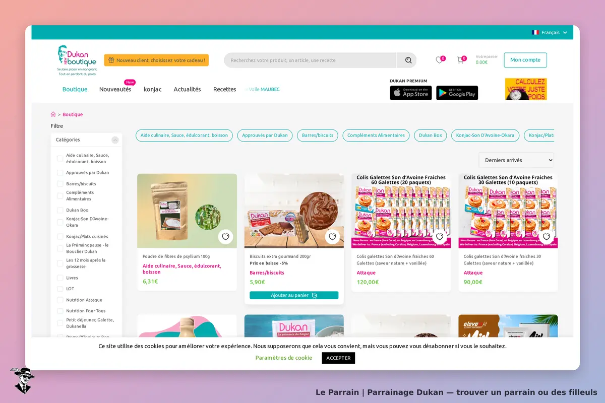 Dukan : vue catégorie avec produits alimentaires et filtres sur la page d'accueil