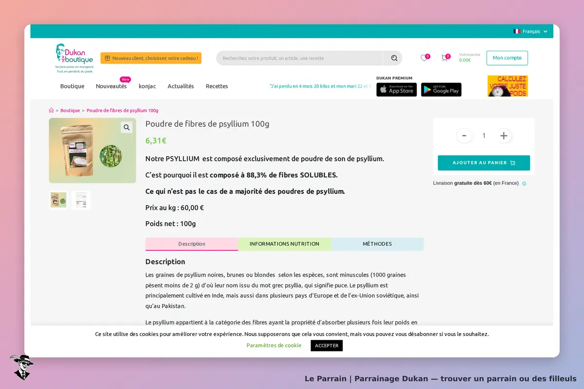 Dukan : page produit pour de la poudre de fibres de psyllium, avec description et options d'achat