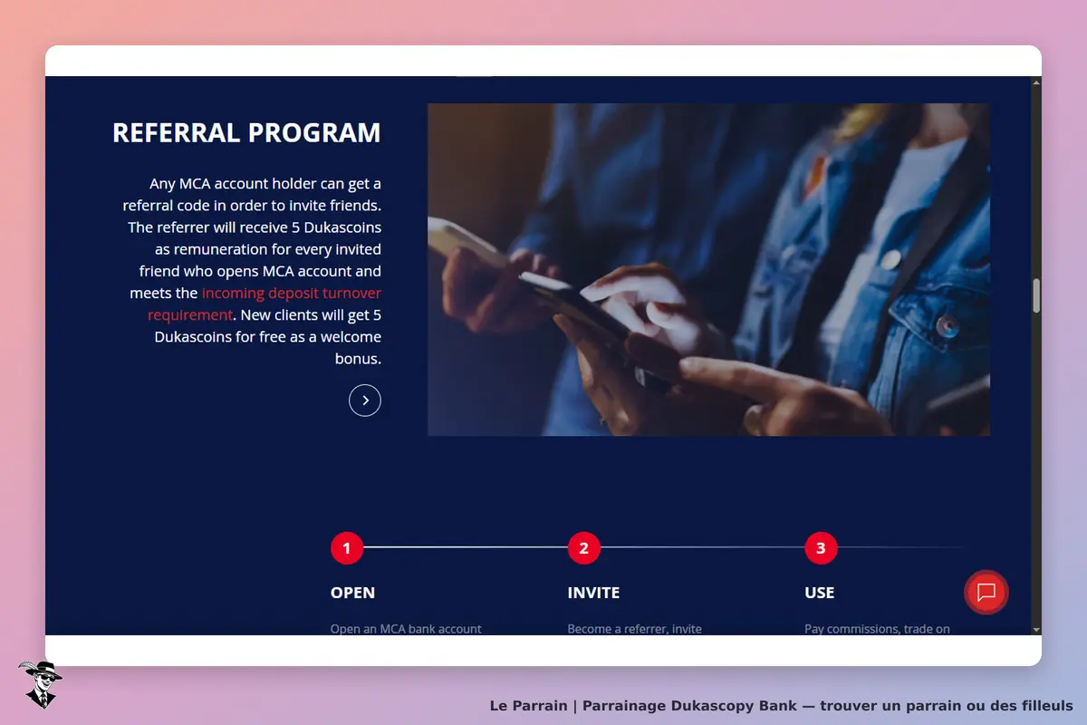 Dukascopy Bank : programme de parrainage avec étapes et visuel de personnes utilisant un smartphone