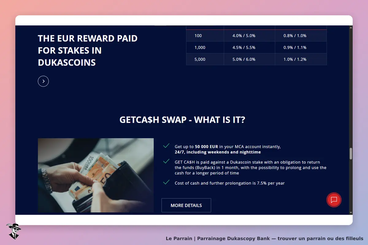 Dukascopy Bank : section sur les récompenses en EUR et présentation du service GetCash Swap
