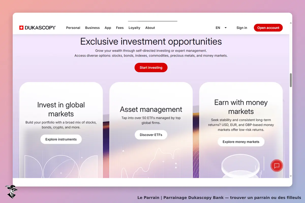 Dukascopy Bank : dukascopy : page d'accueil présentant des opportunités d'investissement et trois