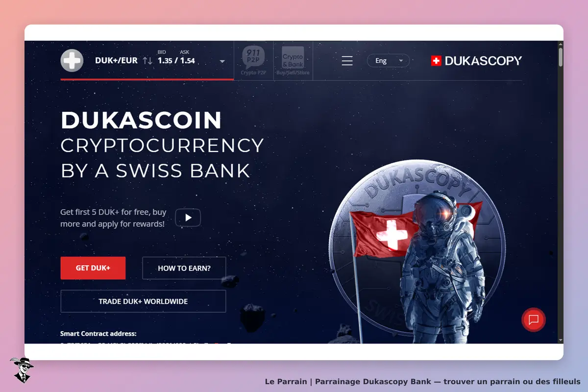 Dukascopy Bank : dukascopy : page d'accueil présentant le DUKASCOIN avec un astronaute et un