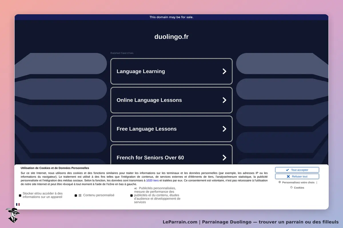 Duolingo : page d'accueil avec options d'apprentissage des langues et consentement aux cookies