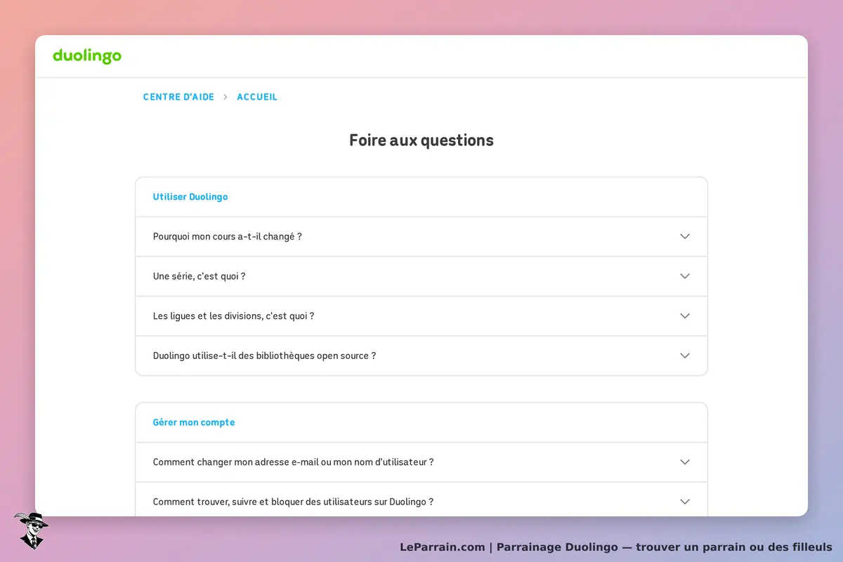 Duolingo : page d'aide avec questions fréquentes sur l'utilisation et la gestion du compte