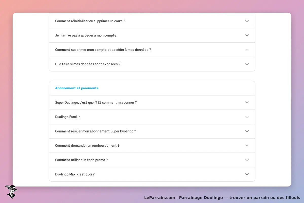 Duolingo : section d'aide avec questions fréquentes sur abonnements et paiements