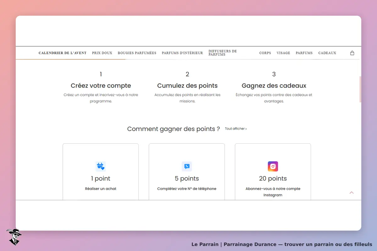 Durance : page d'accueil présentant le programme de parrainage et comment gagner des points