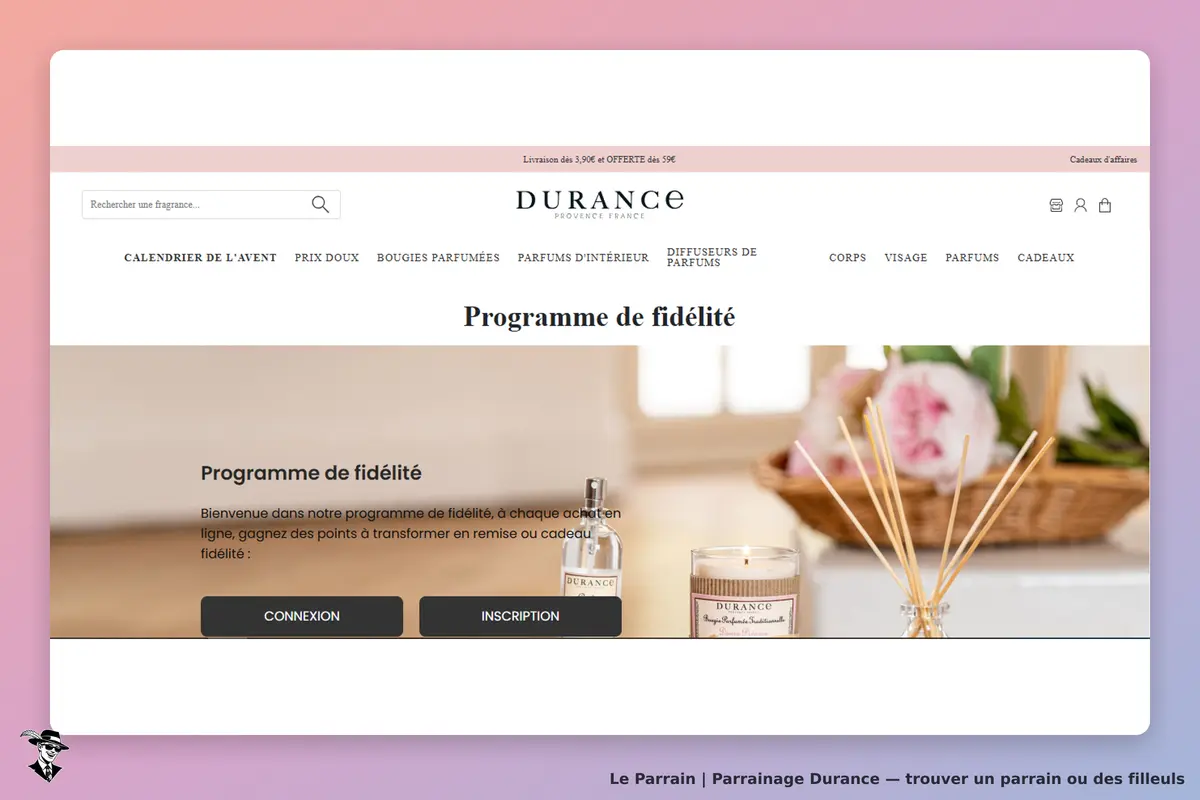 Durance : page d'accueil présentant le programme de fidélité avec produits parfumés et boutons